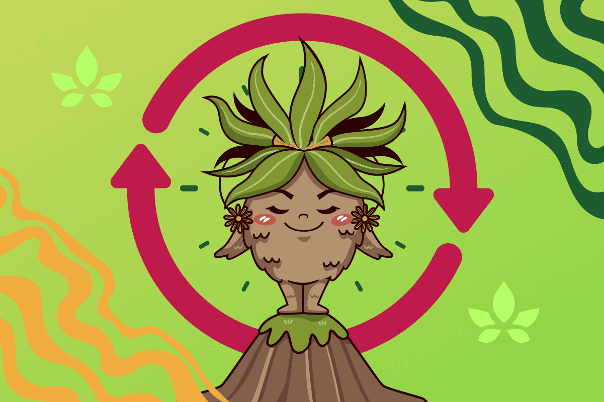 Cartoon plant character with cannabis leaf hair inside circular arrows