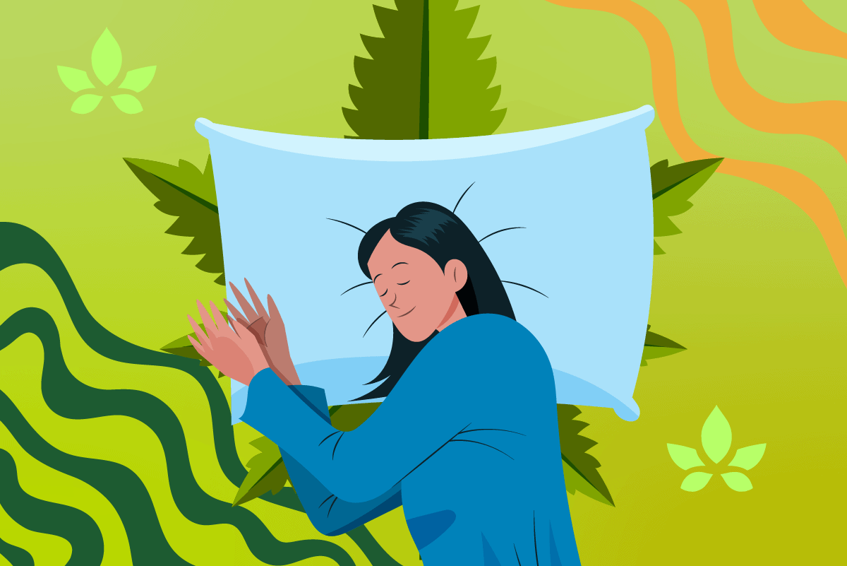 Illustration of woman sleeping on pillow with cannabis leaves background
