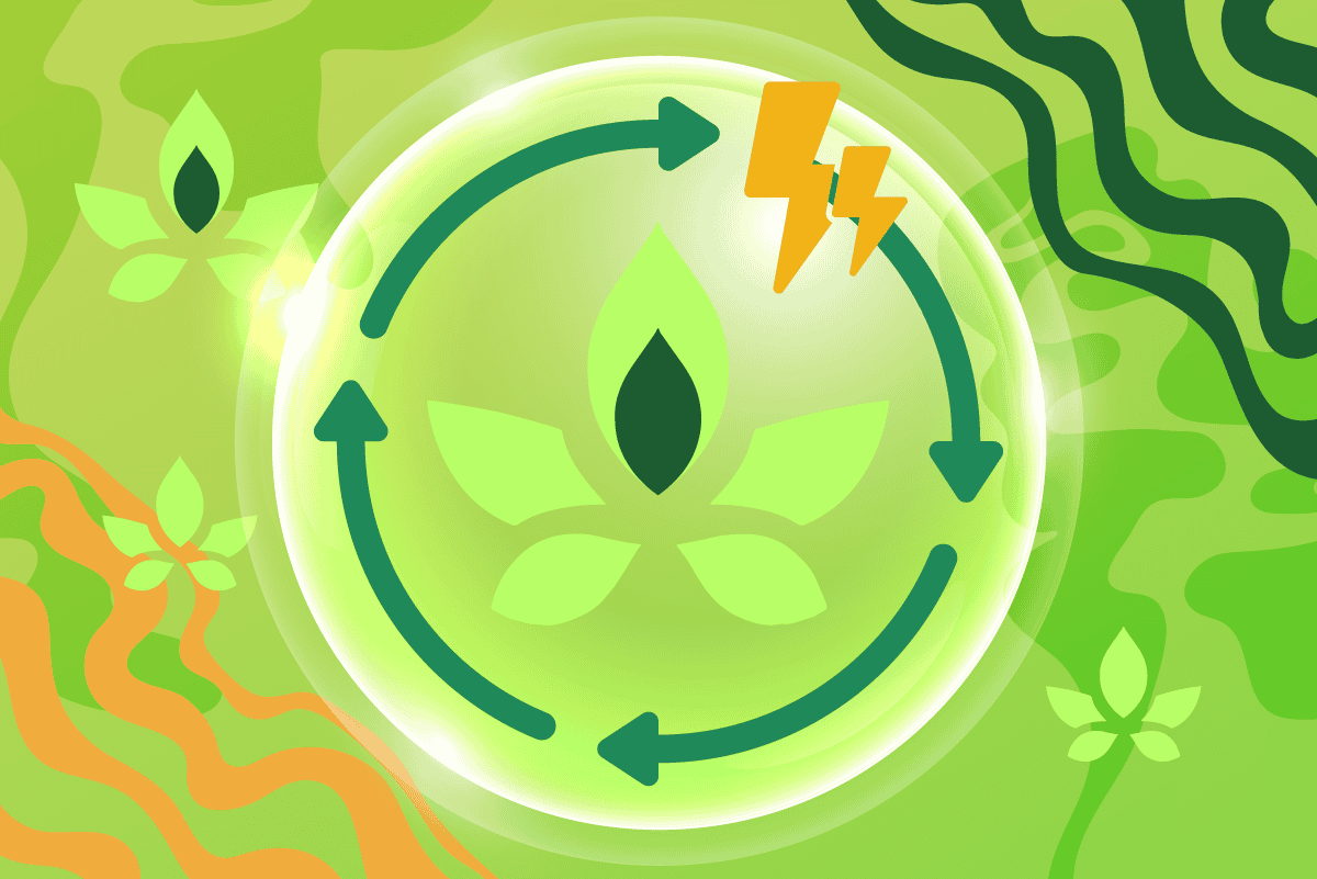 Green cannabis leaf icon with circular arrows and lightning bolts