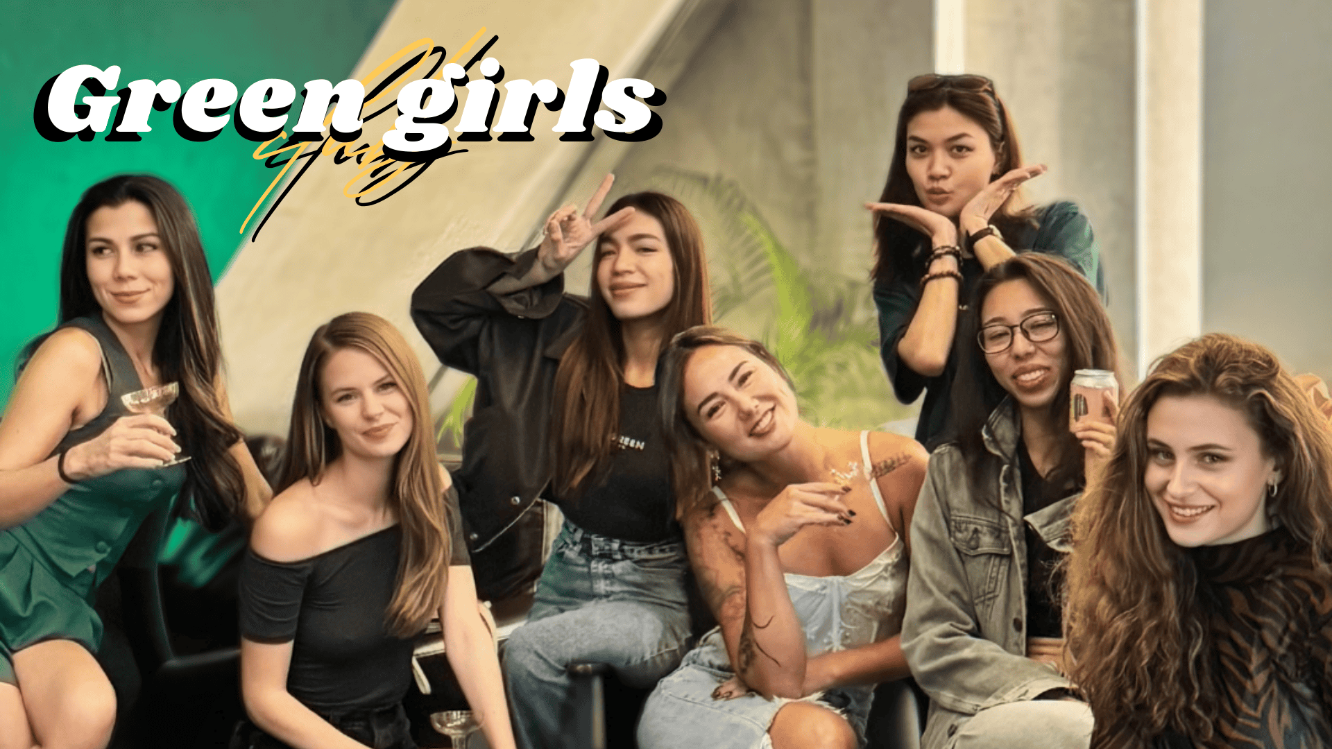 Group of seven Siam Green Girls posing together with logo overlay