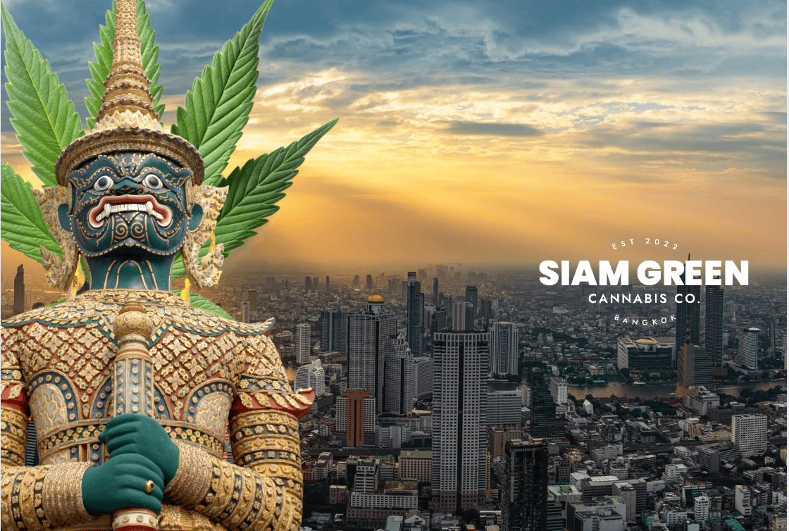 Siam Green Cannabis Co logo over Bangkok skyline with Yaksha guardian statue