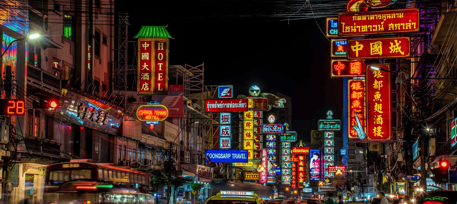 Bangkok Chinatown Yaowarat Road at night with neon Chinese signage