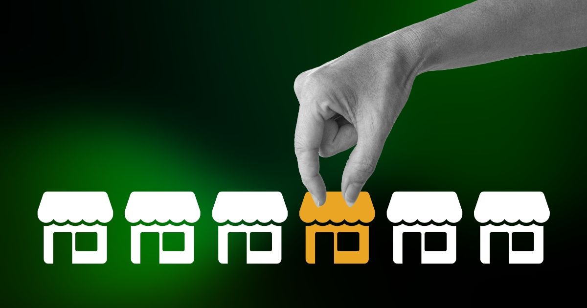 A hand choosing one standout storefront from a row of identical shops