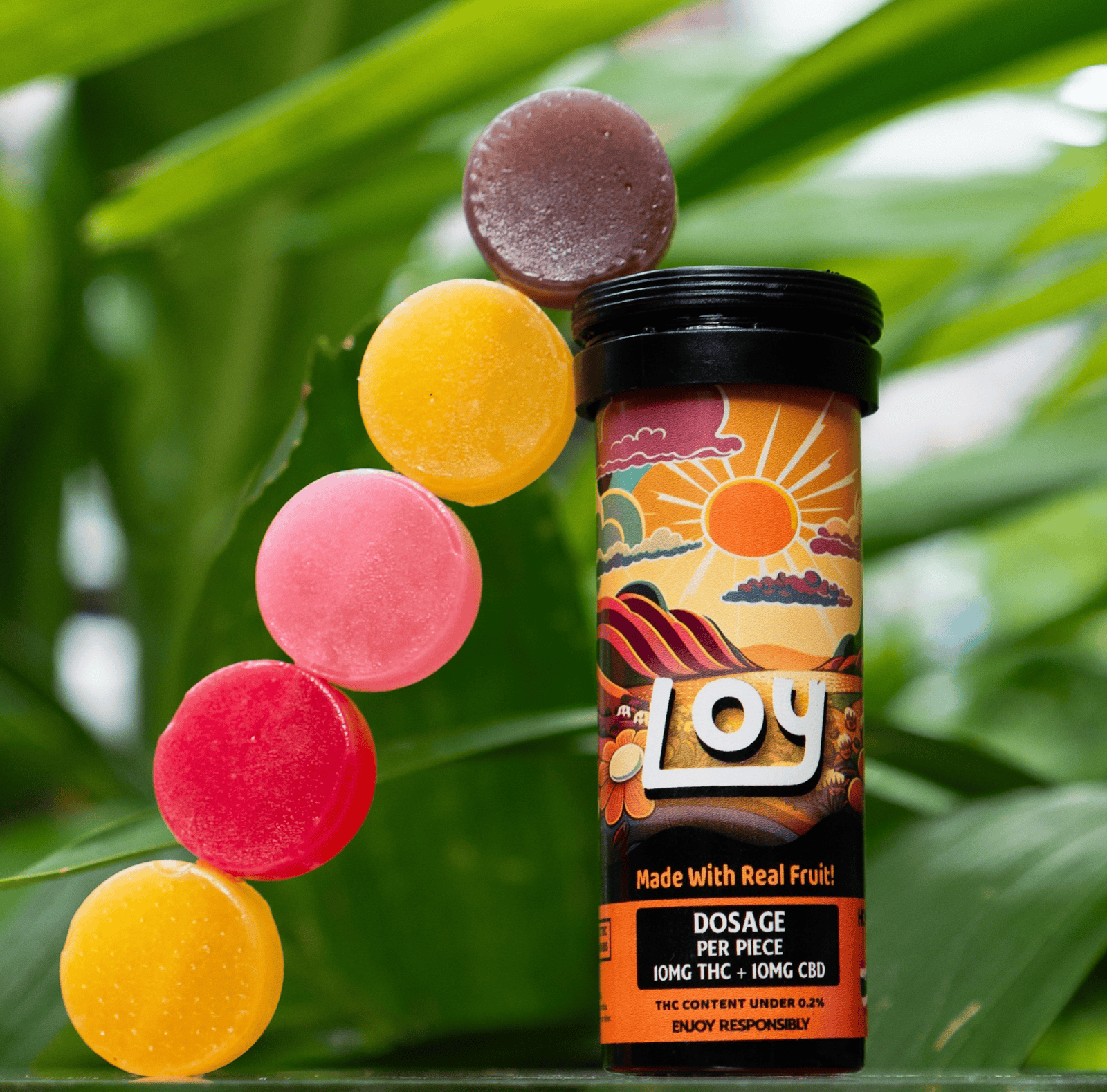 Loy gummies with a safe mix of CBD and THC and real tropical fruit, a top self-care product for balance and relaxation, a thai edible brand available at Siam Green