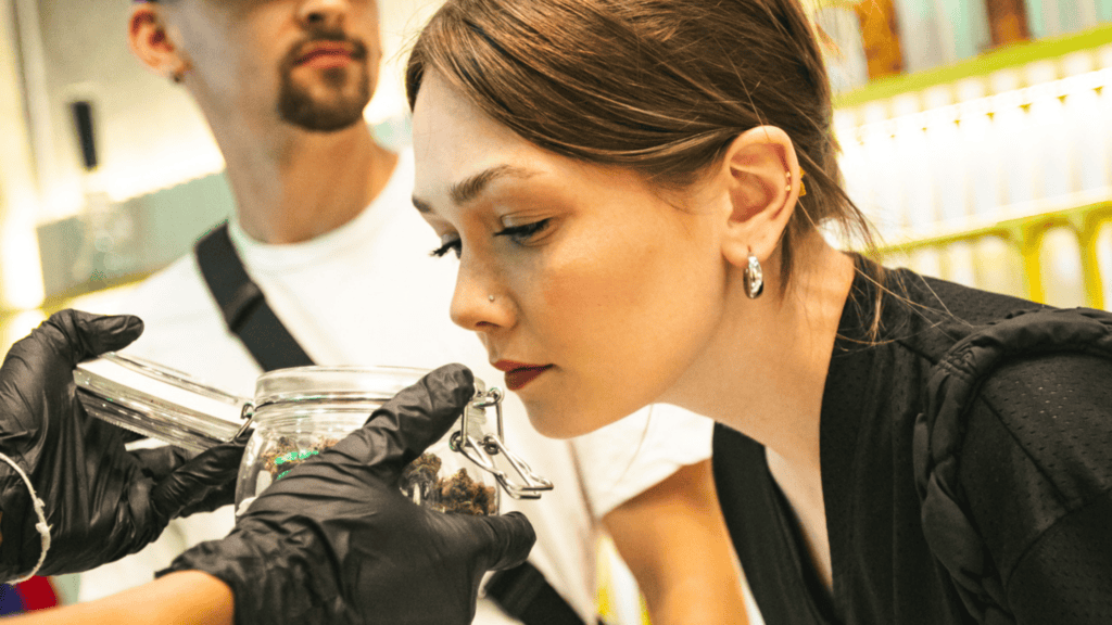 customer smelling a strain of weed. Taking time to take in the terpenes. Showing market maturity in approach to cannabis usage and knowledge in thailand 